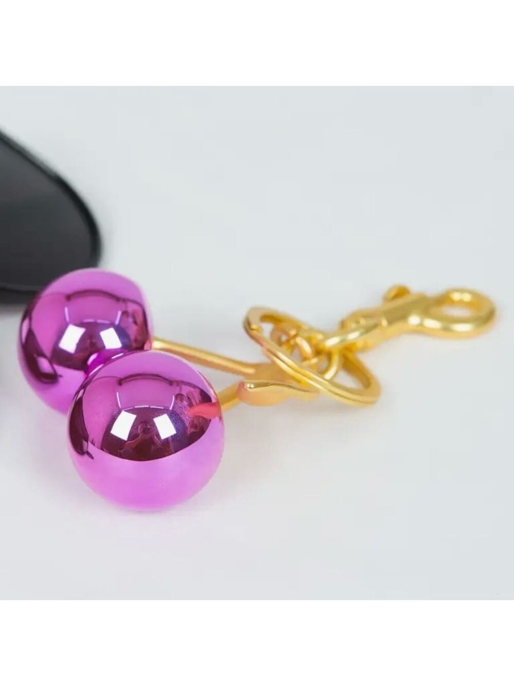 Fuchsia Pink Metallic Cherry Bag Charm Keychain Gold Tone Hardware NWT - Picture 3 of 3